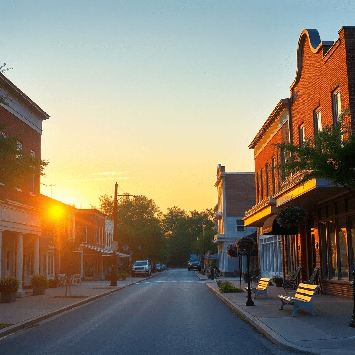 A quaint small-town street in Town Creek, Alabama, showcasing traditional Southern architecture under a warm sunset, with a cozy café and park benc...