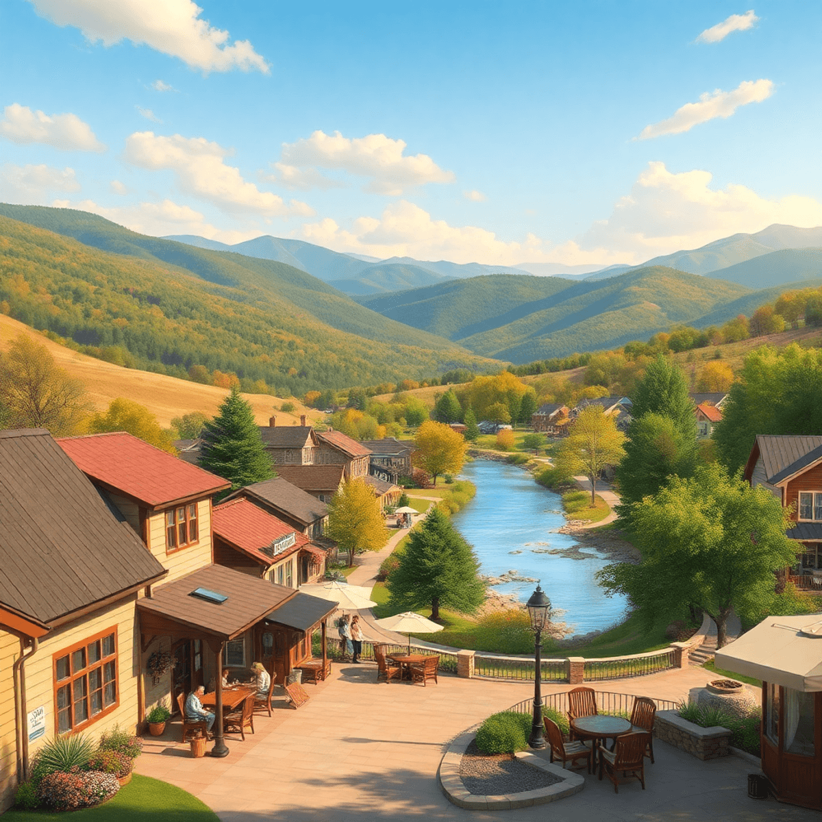 A charming small-town landscape with rolling hills, mountains, and a serene river, featuring a cozy outdoor café under warm sunlight, evoking roman...