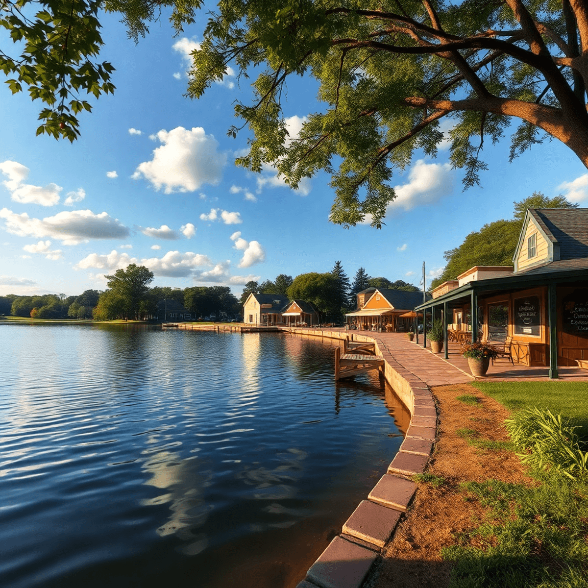 A serene lake surrounded by lush greenery and charming buildings, featuring a cozy coffee shop and a family-owned restaurant, creating a warm, invi...