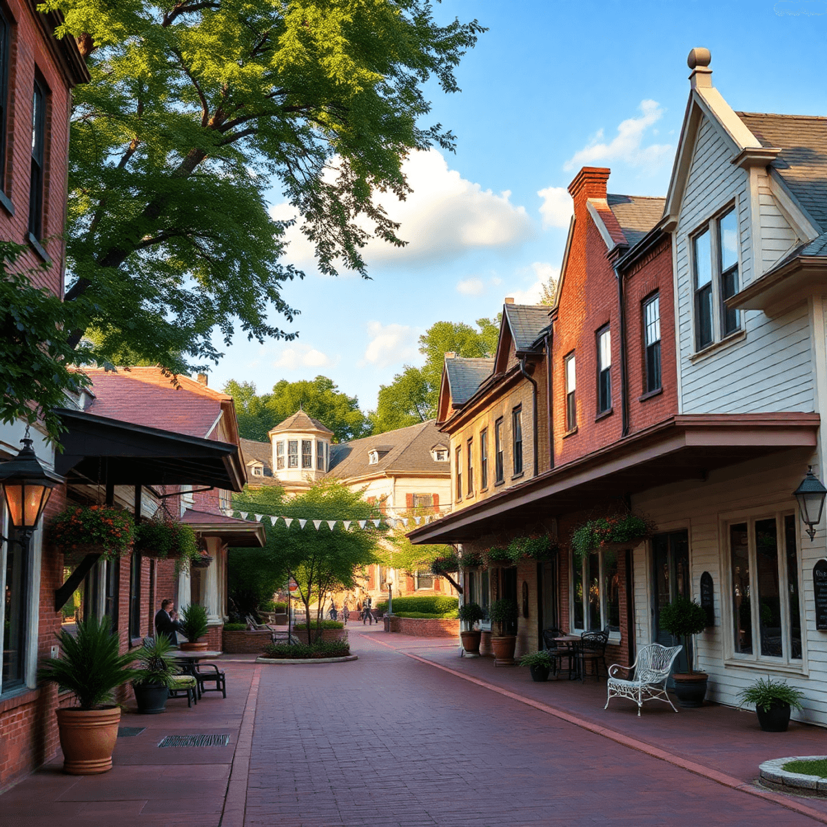 A charming small-town street in Cherokee, Alabama, featuring southern-style architecture, lush greenery, and a cozy café, creating a warm and invit...