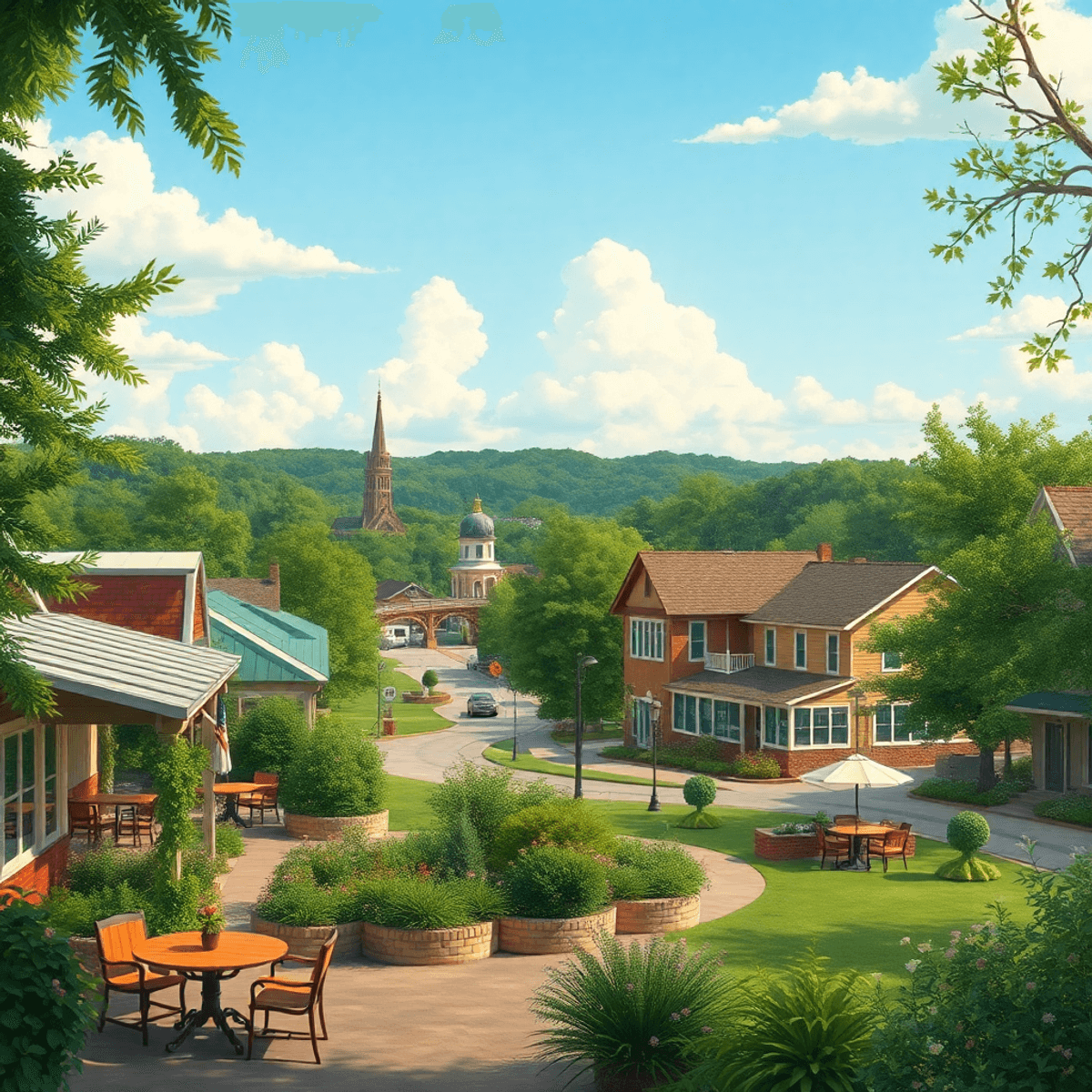 A scenic view of Tidmore Bend, Alabama, featuring lush greenery, a cozy outdoor café, community gatherings, and a peaceful park, evoking warmth and...