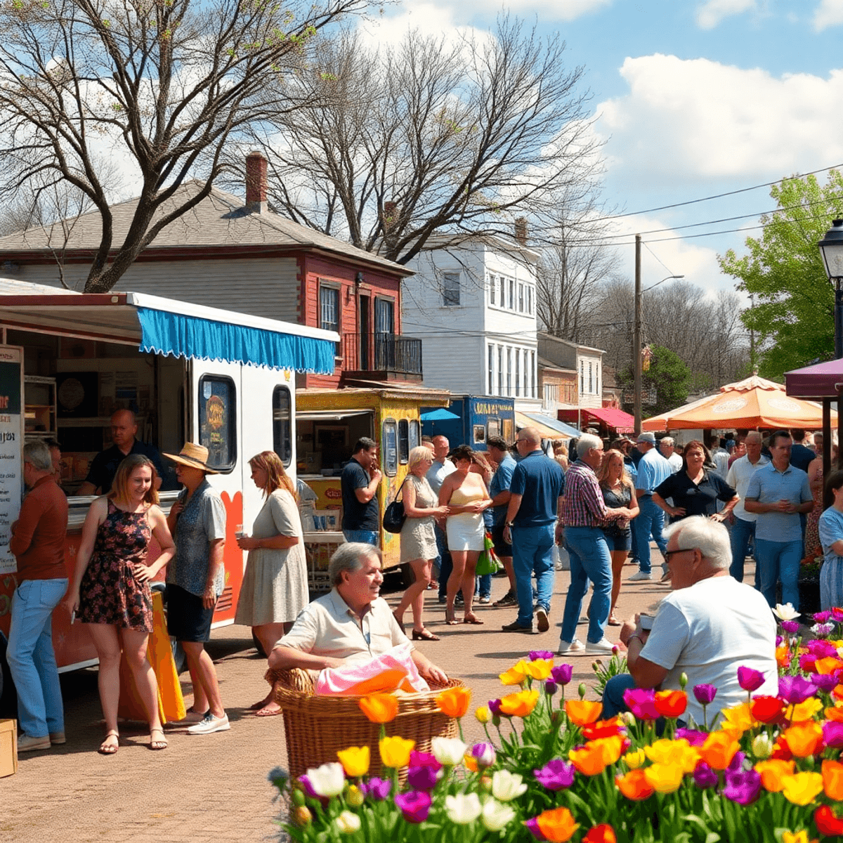 A lively community event in Cottonwood, Alabama, with people enjoying food trucks, crafts, and music against a colorful spring flower backdrop, cap...