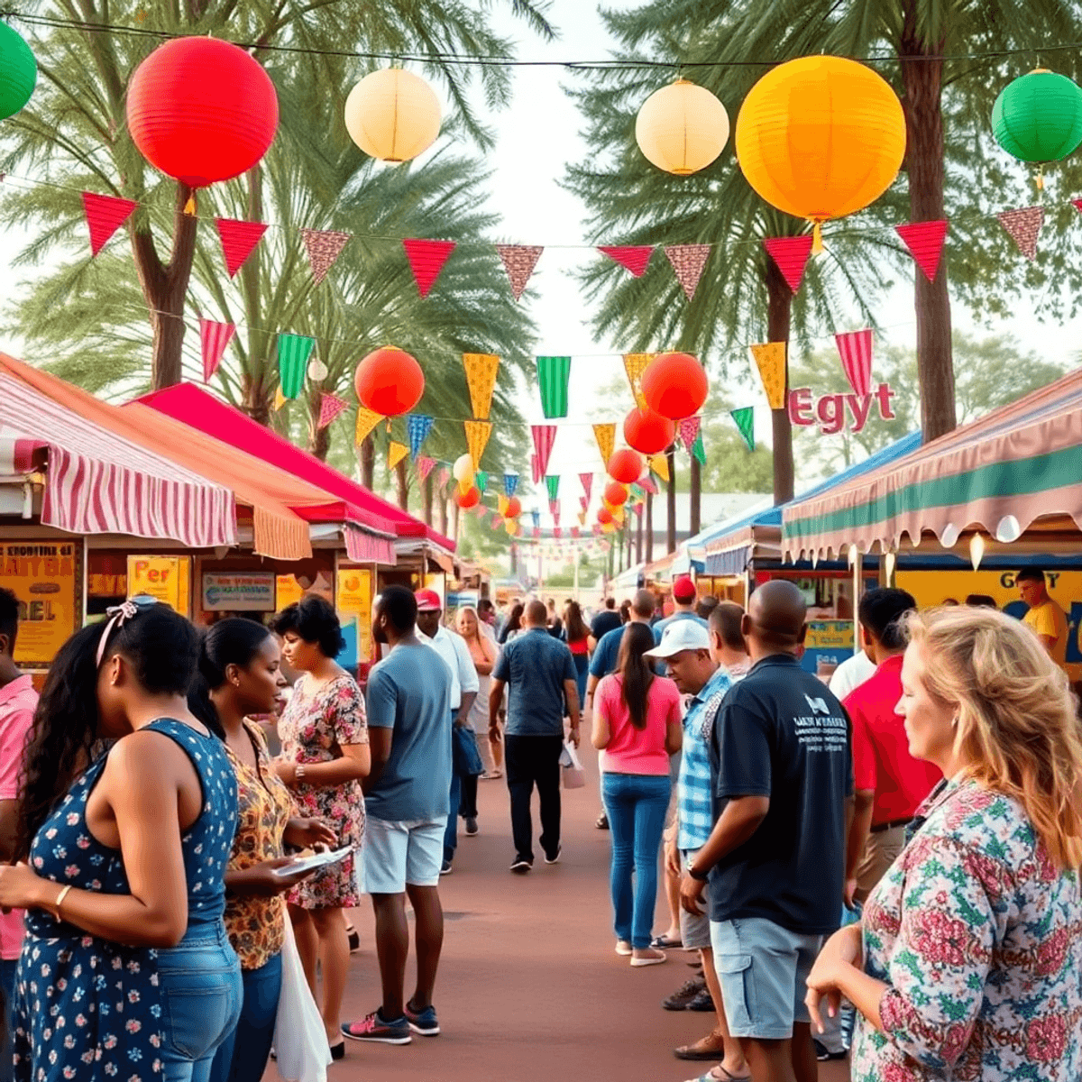 A lively Southern community festival in Egypt, Alabama, showcasing colorful decorations, food stalls, and people socializing and enjoying various a...