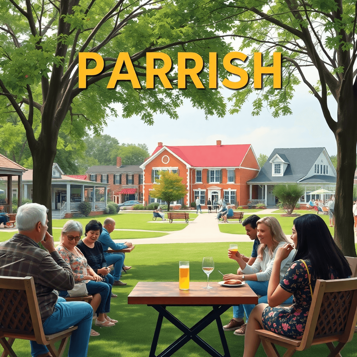 A cozy small-town park in Parrish, Alabama, with people enjoying picnics and social gatherings, surrounded by charming local buildings in a warm, i...
