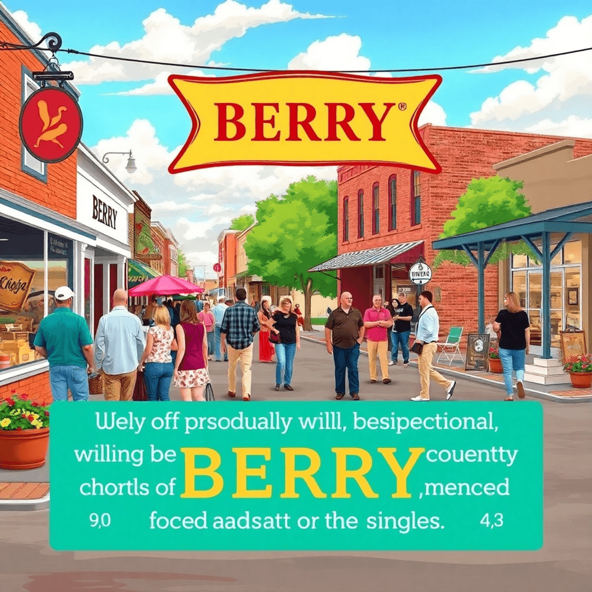 A vibrant small-town main street in Berry, Alabama, filled with quaint shops and locals engaging warmly during a community event, showcasing Southe...
