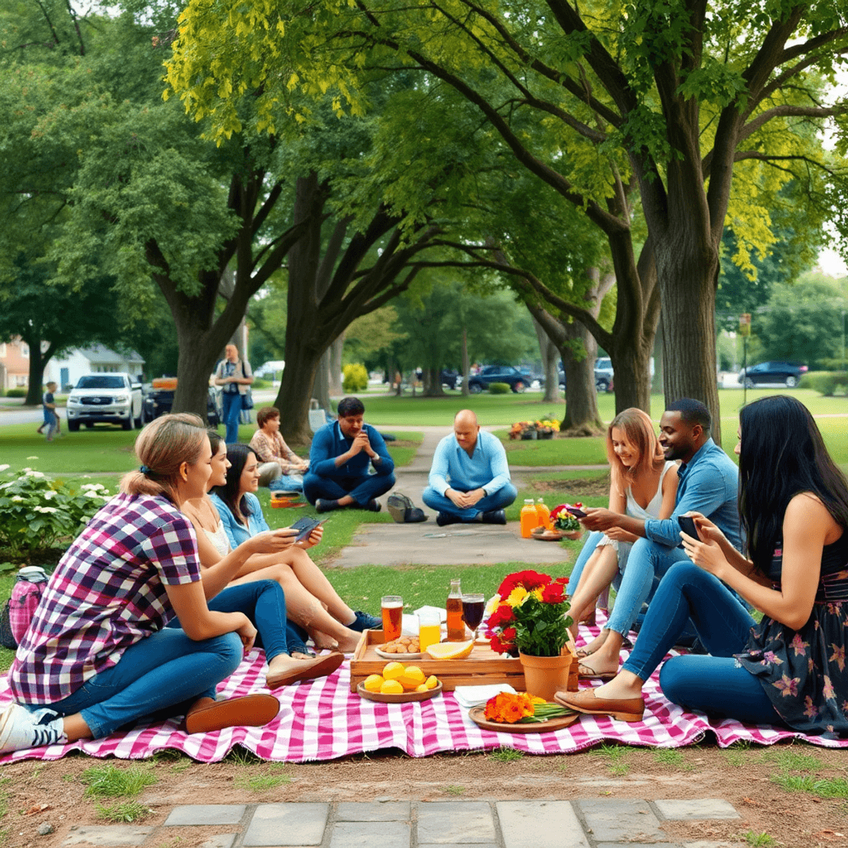 A cozy park scene in Autaugaville, Alabama, with people enjoying picnics, friendly gatherings, and colorful seasonal flowers, reflecting community ...
