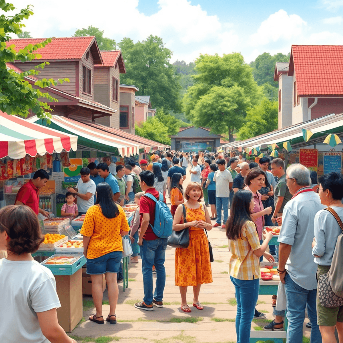 A lively outdoor community event with colorful market stalls, people chatting, and greenery, creating a warm and inviting atmosphere filled with lo...