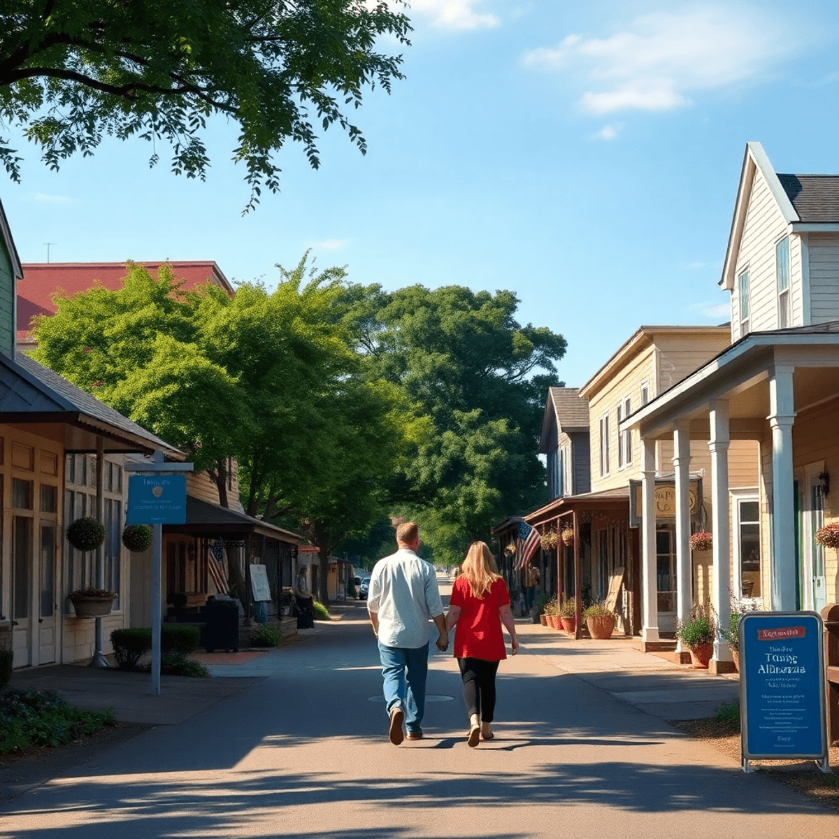 A cozy small-town street in McKenzie, Alabama, with charming Southern-style houses, trees, and local shops, as a couple walks hand-in-hand, enjoyin...