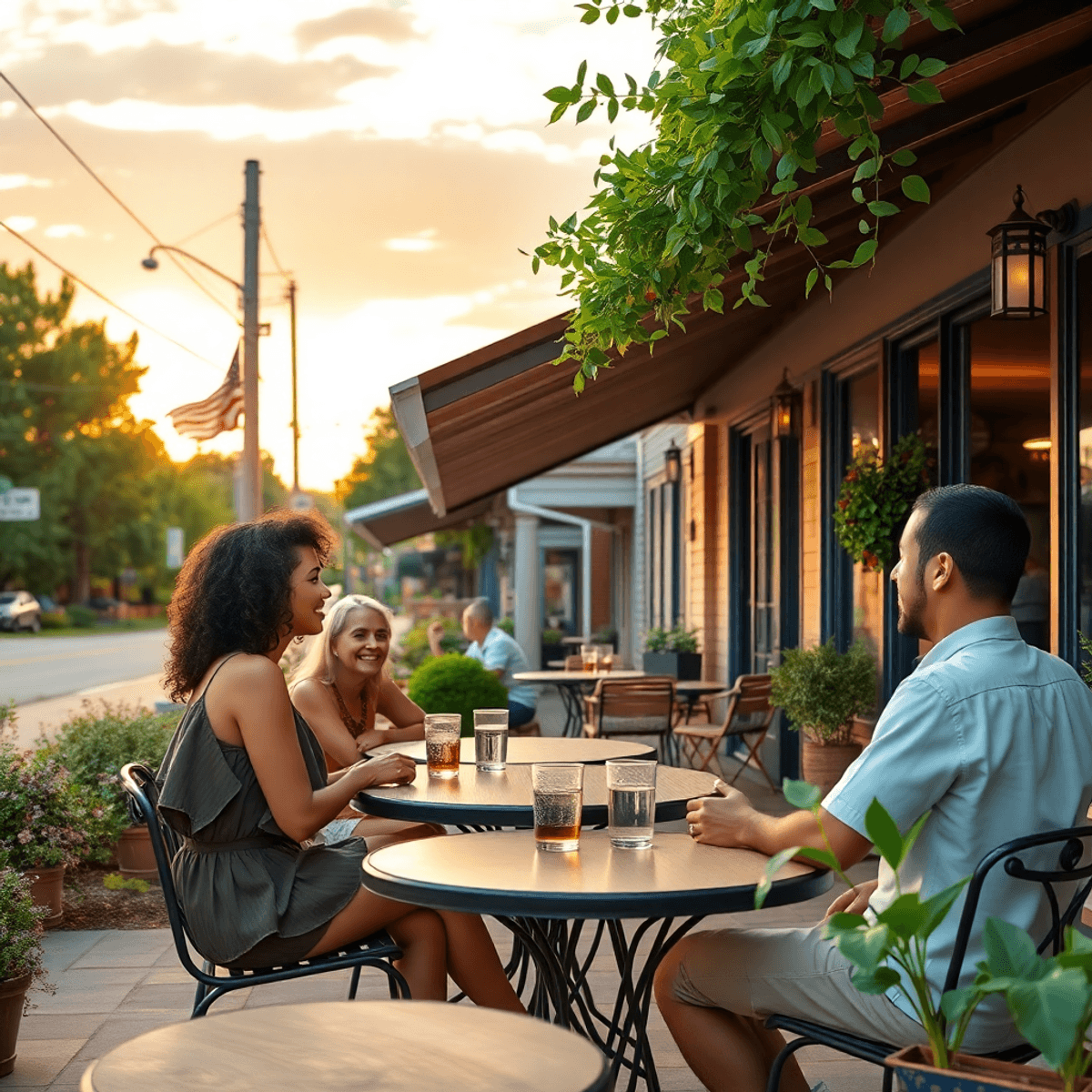 A cozy café with outdoor seating in a charming Southern town, where people engage in friendly conversation against a backdrop of lush greenery and ...