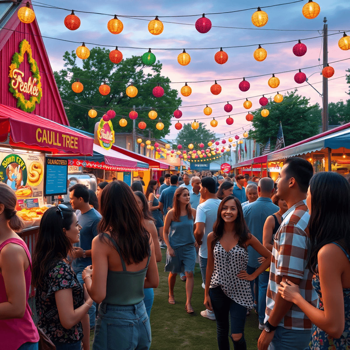 A lively outdoor festival with colorful decorations, food stalls serving Southern delicacies, and groups of people enjoying live music under string...