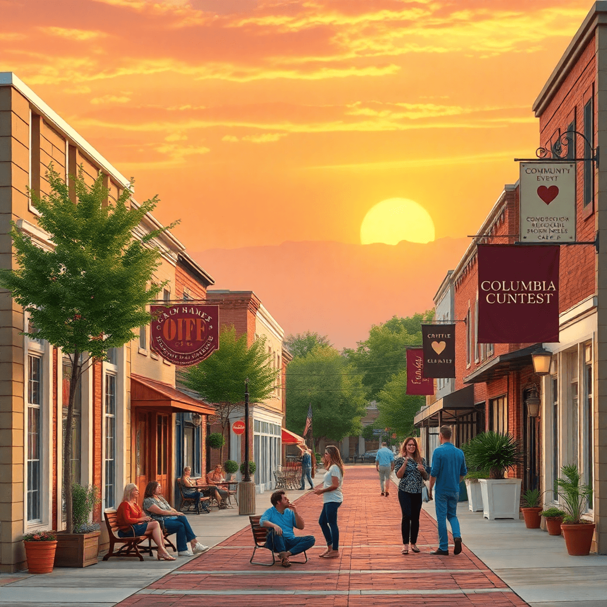 A charming Southern street in Columbia, Alabama, with cafes and community event banners, featuring friendly singles chatting against a warm sunset ...