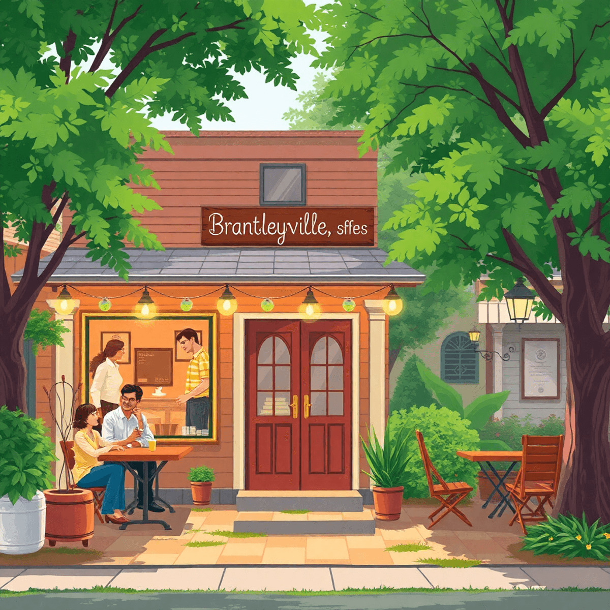 A cozy coffee shop in a small town, with people chatting and surrounded by lush greenery and Southern-style architecture, creating a warm and invit...