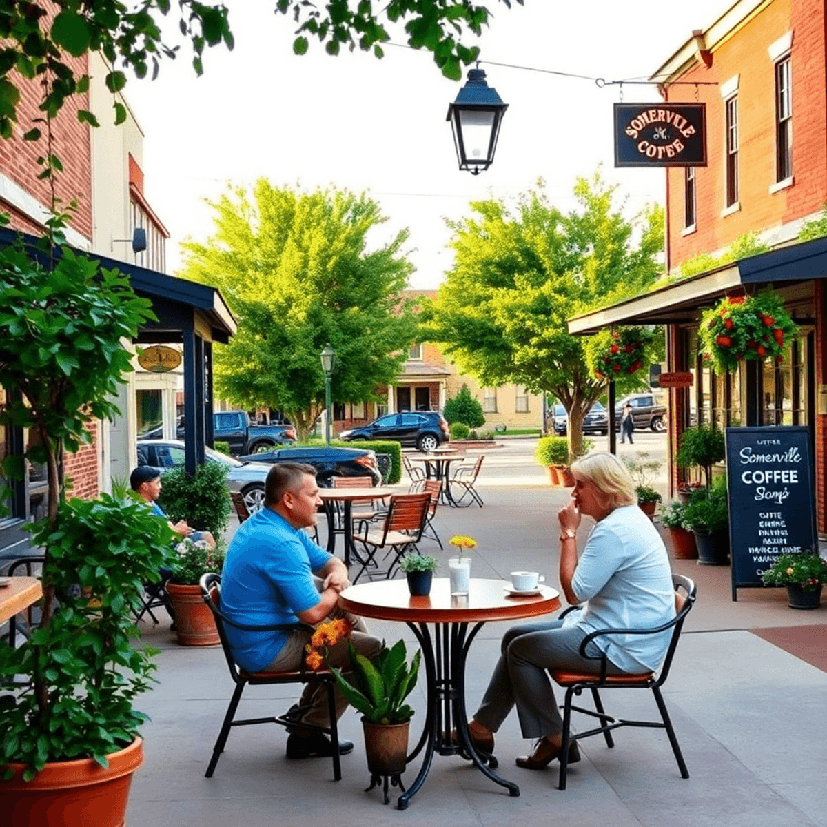 A cozy coffee shop with outdoor seating, surrounded by greenery, where a couple enjoys coffee together, embodying a warm, inviting small-town atmos...