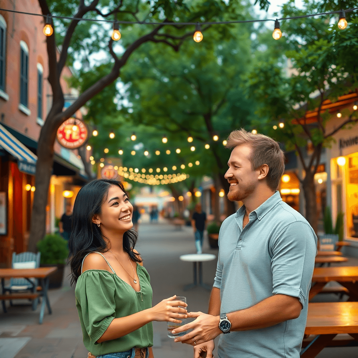 A cozy Southern town scene with charming streets, trees, string lights, and picnic tables, featuring a couple enjoying a local outdoor event and sm...