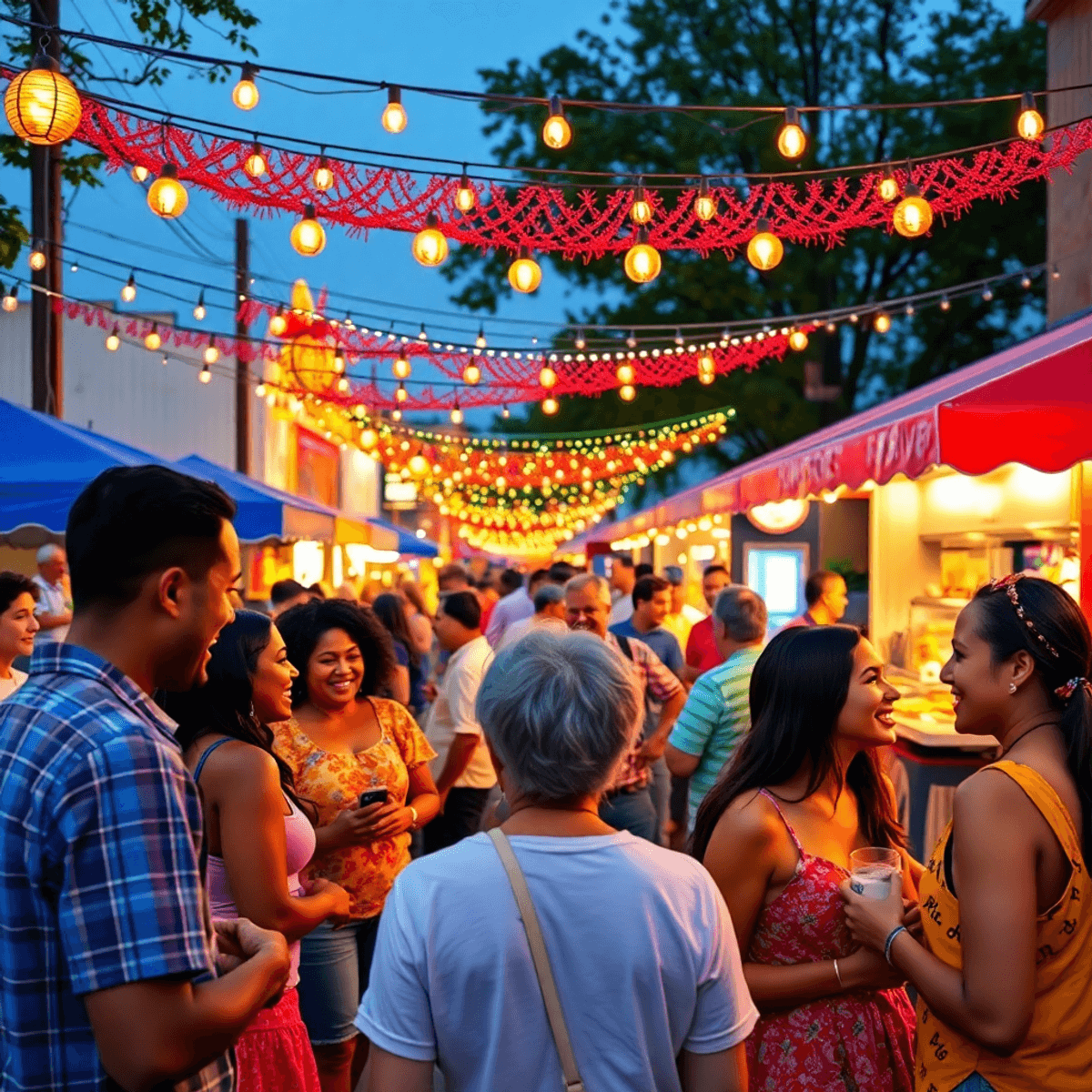 A lively small-town festival in Kinston, Alabama, with colorful decorations, food stalls, and people enjoying live music, laughter, and a warm, inv...