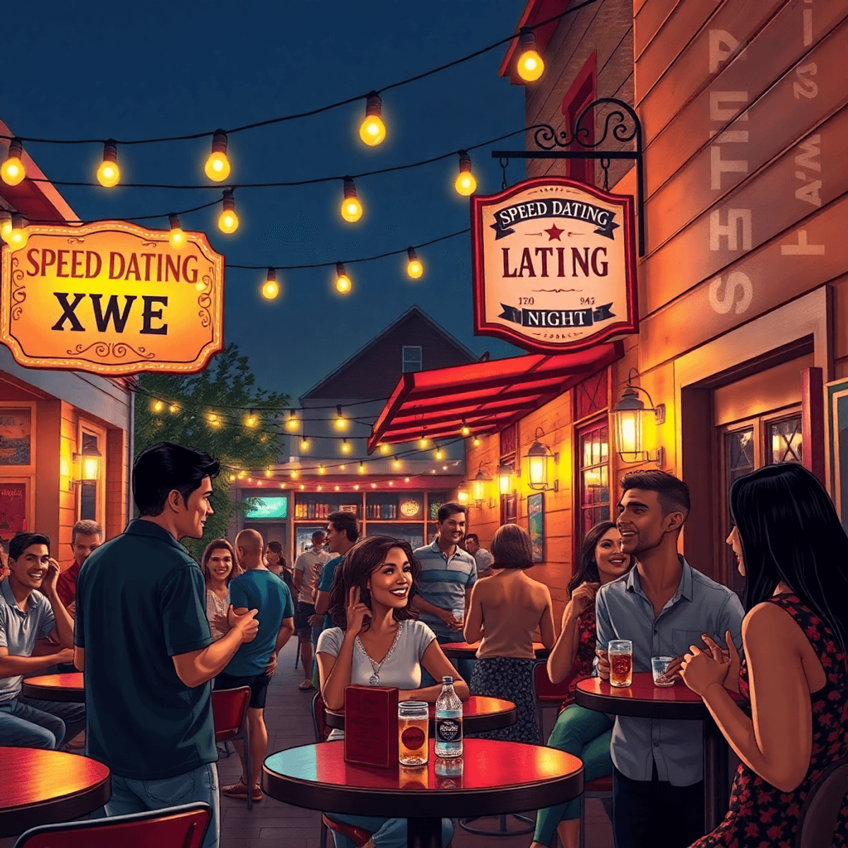 A cozy Southern café scene in Rosa, Alabama, with warm lighting and decorative string lights. People mingle in small groups, enjoying a speed datin...