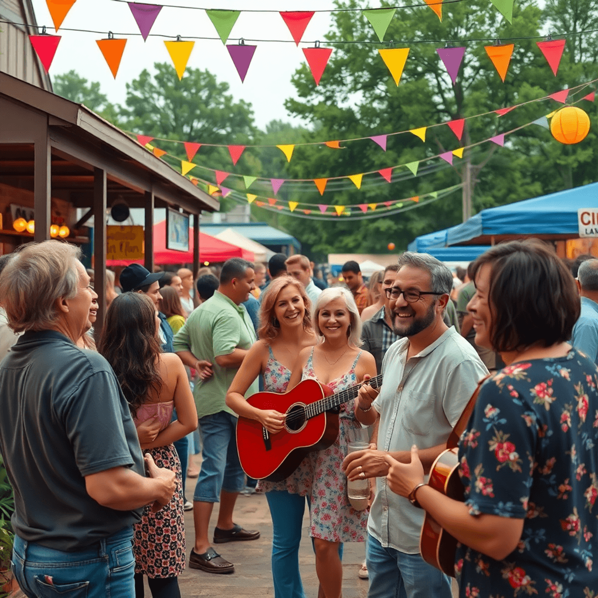 A vibrant outdoor festival scene in St. Florian, Alabama, with singles enjoying live music, colorful decorations, food stalls, and a lively, friend...