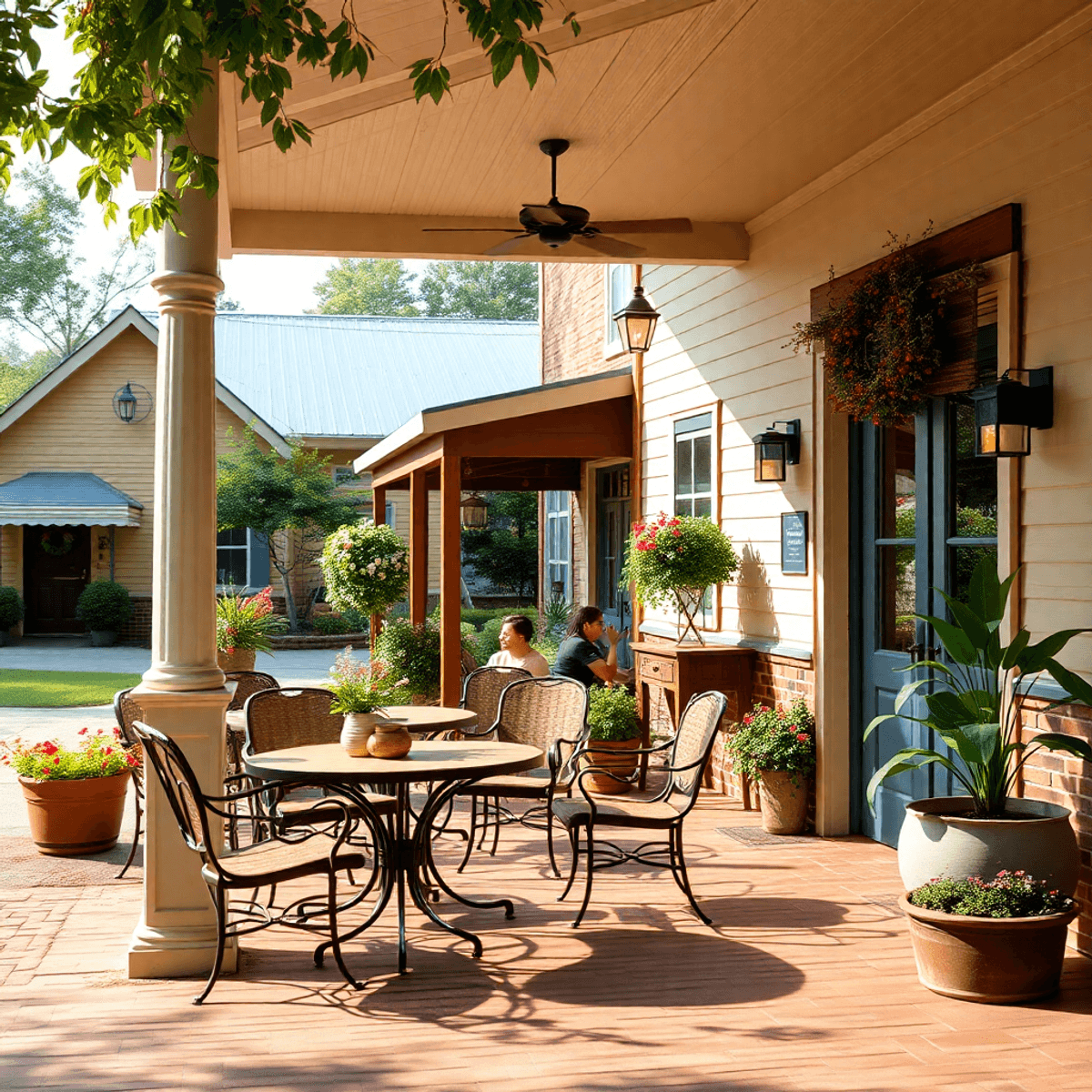 A cozy café with outdoor seating in a Southern community, surrounded by traditional architecture and greenery, creating a warm and inviting atmosph...