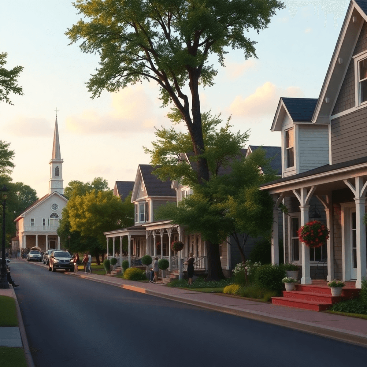 A charming small-town street in Alabama lined with Southern-style homes and greenery, capturing a warm atmosphere of community and tradition.