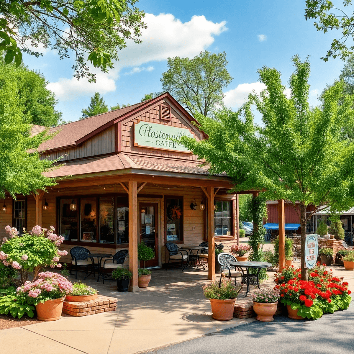 A charming café with outdoor seating surrounded by lush greenery and blooming flowers, evoking Southern hospitality with string lights and festive ...