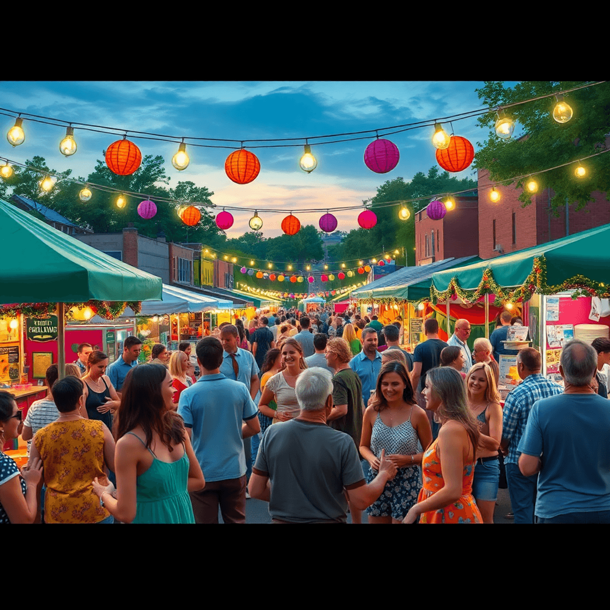 A lively outdoor festival in Pickensville, Alabama, with colorful decorations, food stalls, and people mingling, dancing, and enjoying games under ...