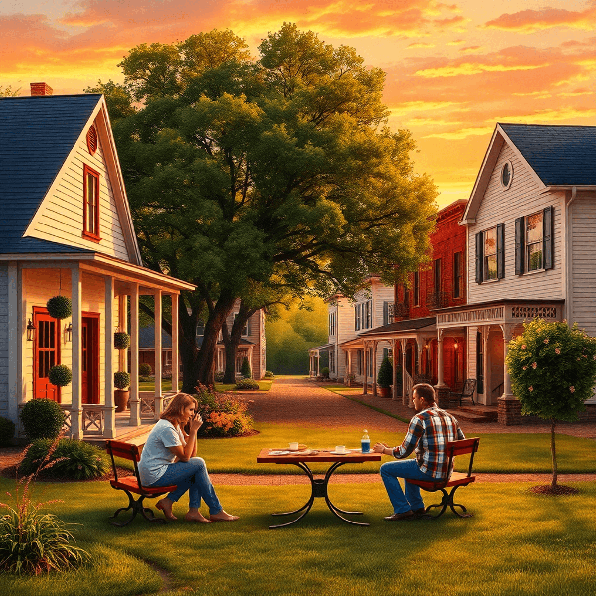 A charming small-town scene with Southern architecture, couples picnicking in a cozy park, and a warm sunset, evoking community and romance.