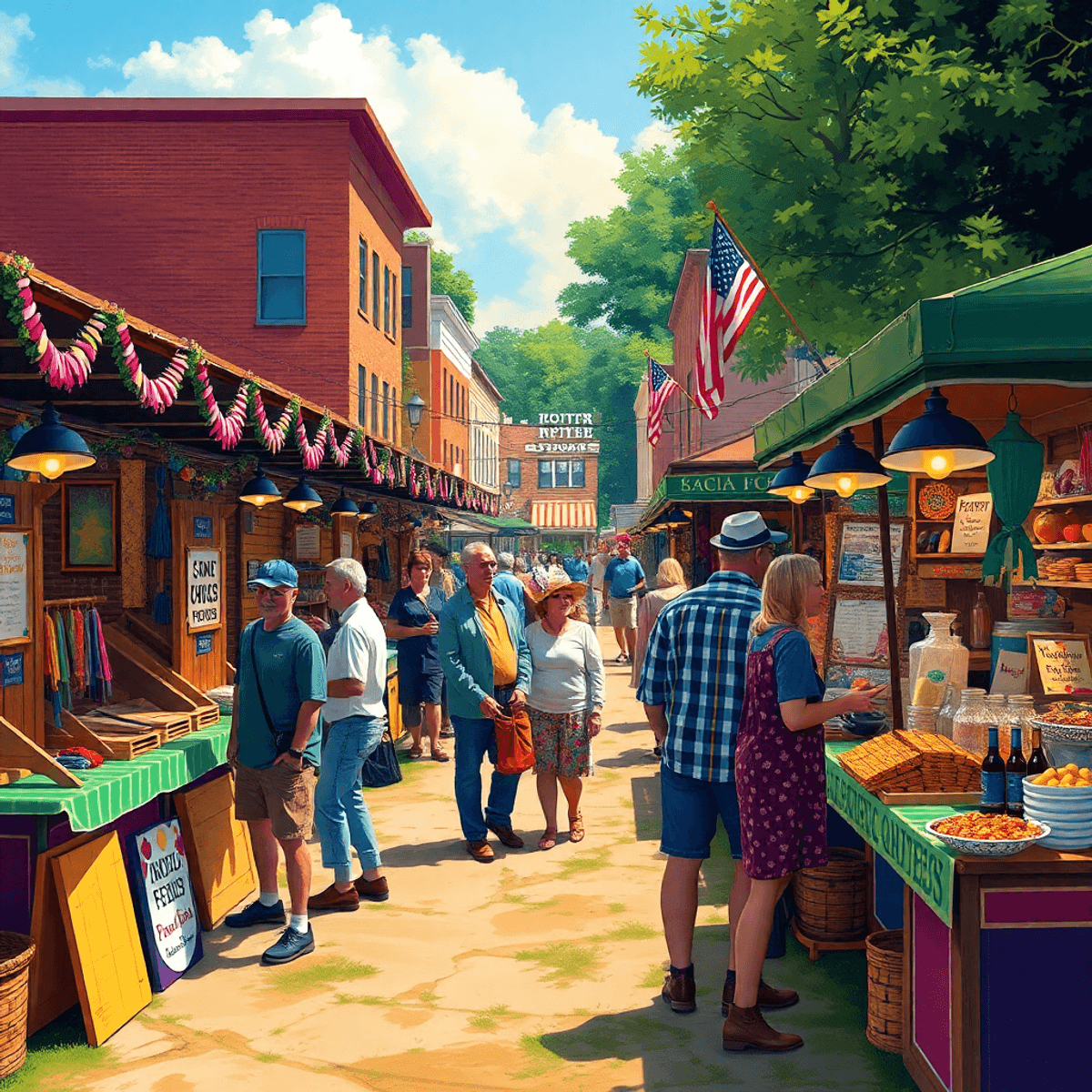 A bustling small-town festival with colorful stalls, food vendors, and people enjoying live music, capturing the lively community spirit of Eclecti...