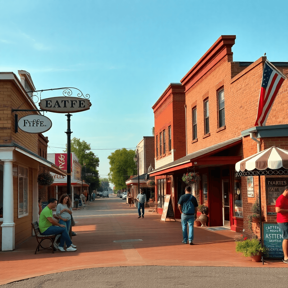 A charming small-town street in Fyffe, Alabama, bustling with local shops and couples enjoying outdoor activities at a vibrant community festival, ...