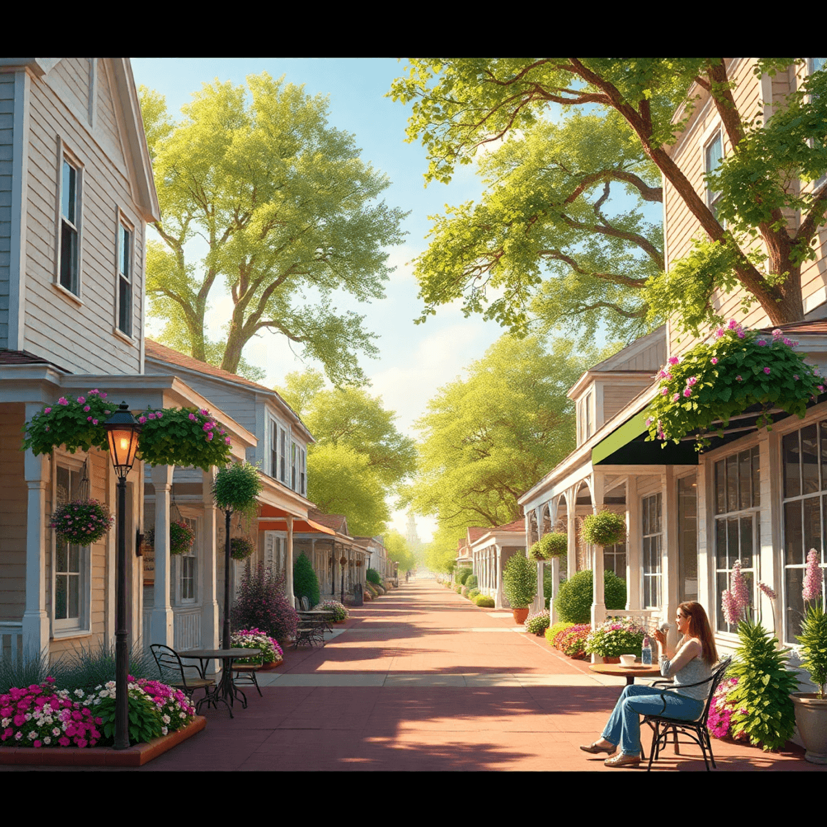 A cozy small-town street in Coker, Alabama, featuring Southern-style homes, blooming flowers, a café, and a couple enjoying coffee under warm sunli...