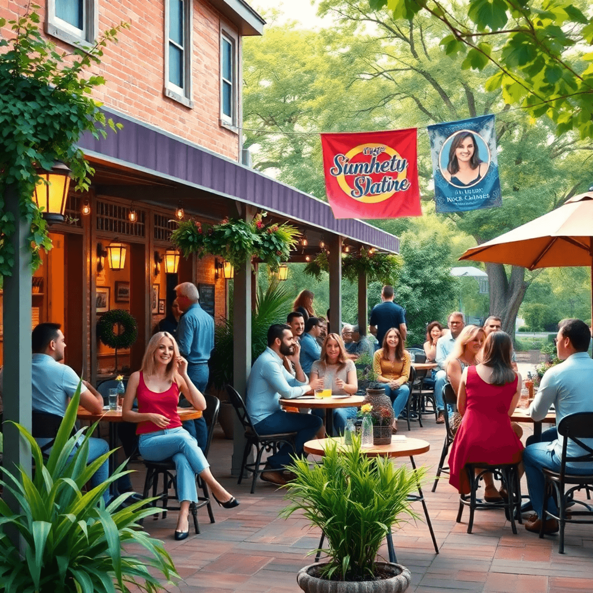 A lively outdoor café filled with people chatting, surrounded by greenery and colorful event banners, creating a warm and inviting atmosphere in Ro...