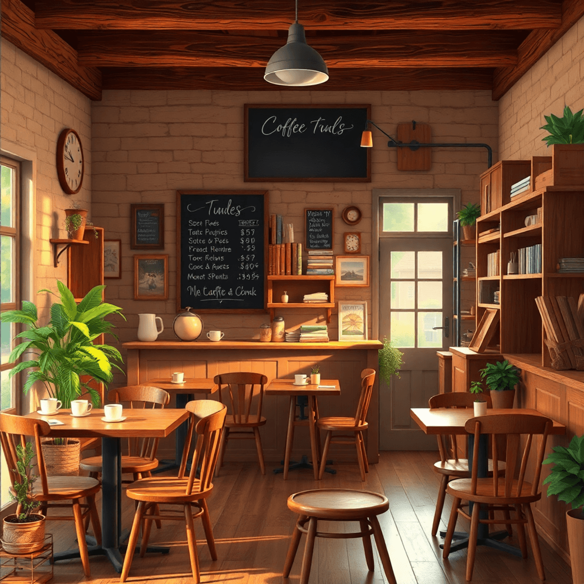 A cozy coffee shop with rustic wooden tables, soft lighting, and a chalkboard menu. Coffee cups, books, and plants create a warm atmosphere for cas...