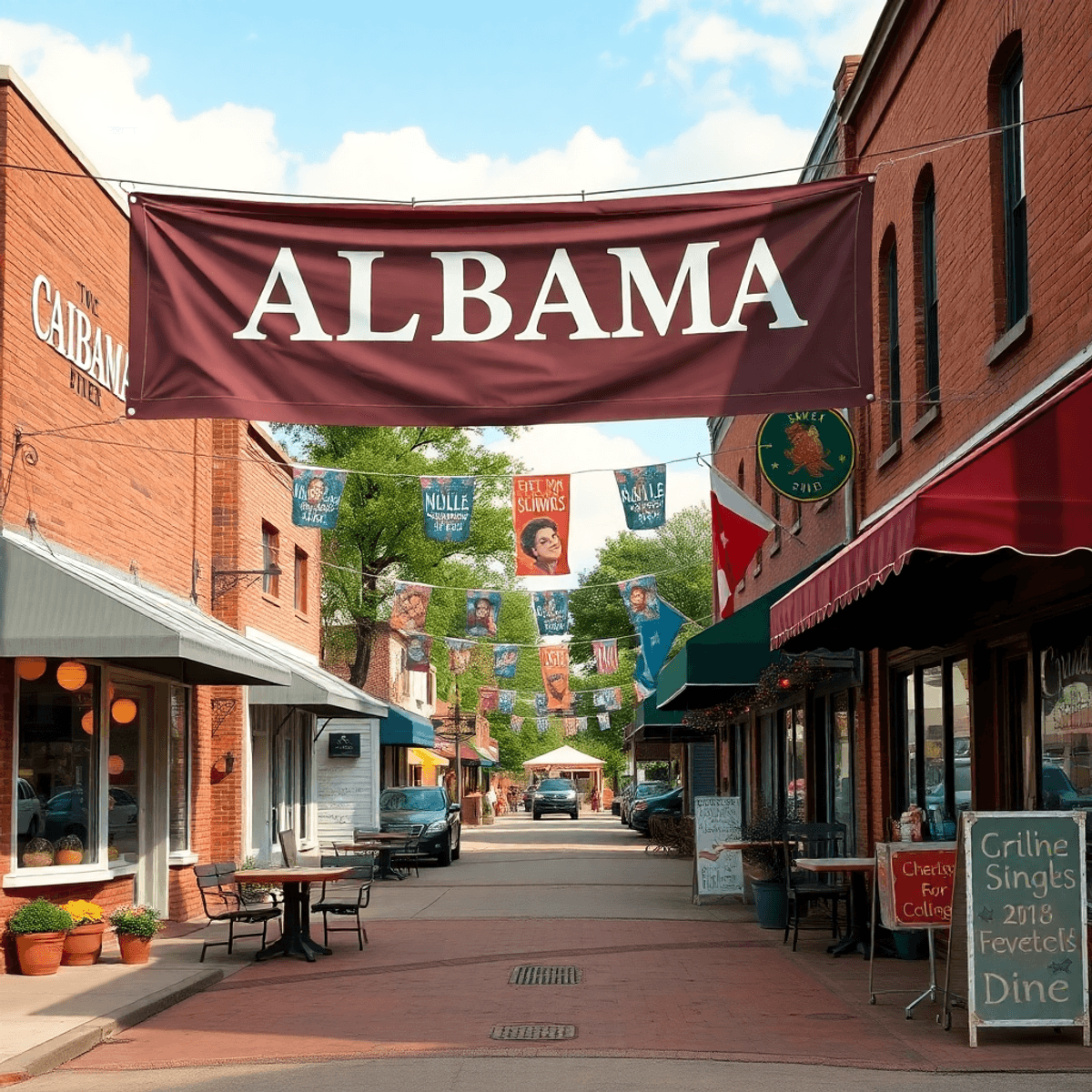 A charming small-town street in Alabama, adorned with colorful decorations and community event banners, bustling with diners and food stalls, evoki...