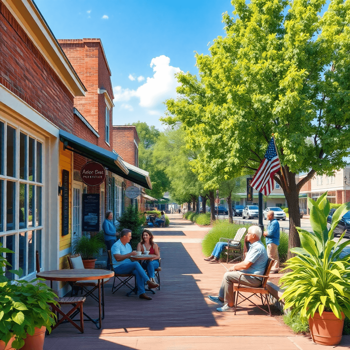 A cozy coffee shop with outdoor seating in a small town, surrounded by greenery and Southern architecture, with people enjoying coffee and chatting...