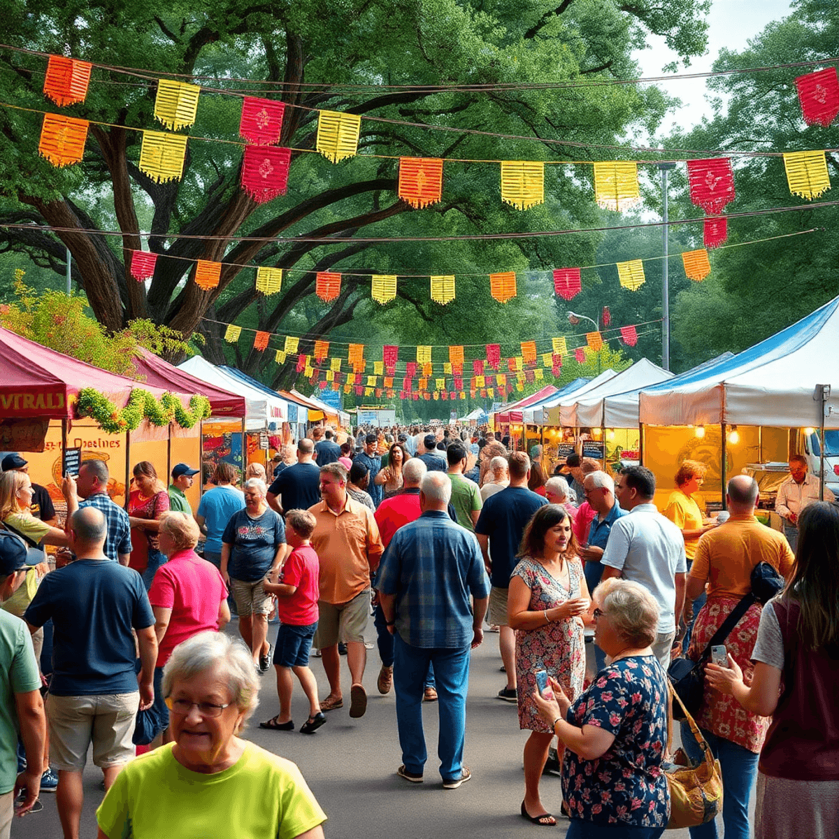 A lively outdoor festival in Double Springs, Alabama, with people enjoying music, food stalls, colorful decorations, and a cheerful atmosphere cele...