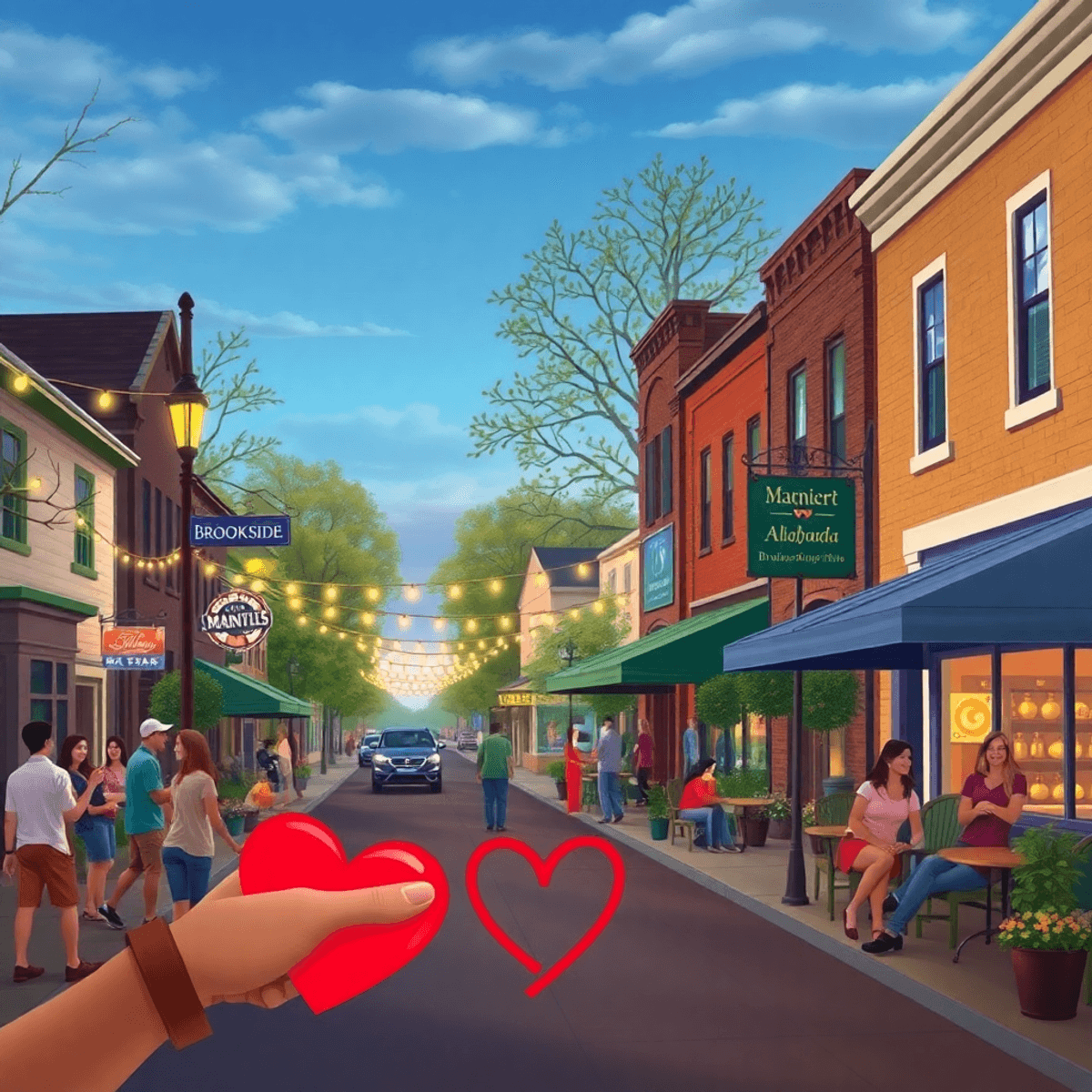 A cozy small-town street scene in Brookside, Alabama, featuring vibrant community events, heart shapes, and local cafes, creating a warm and inviti...