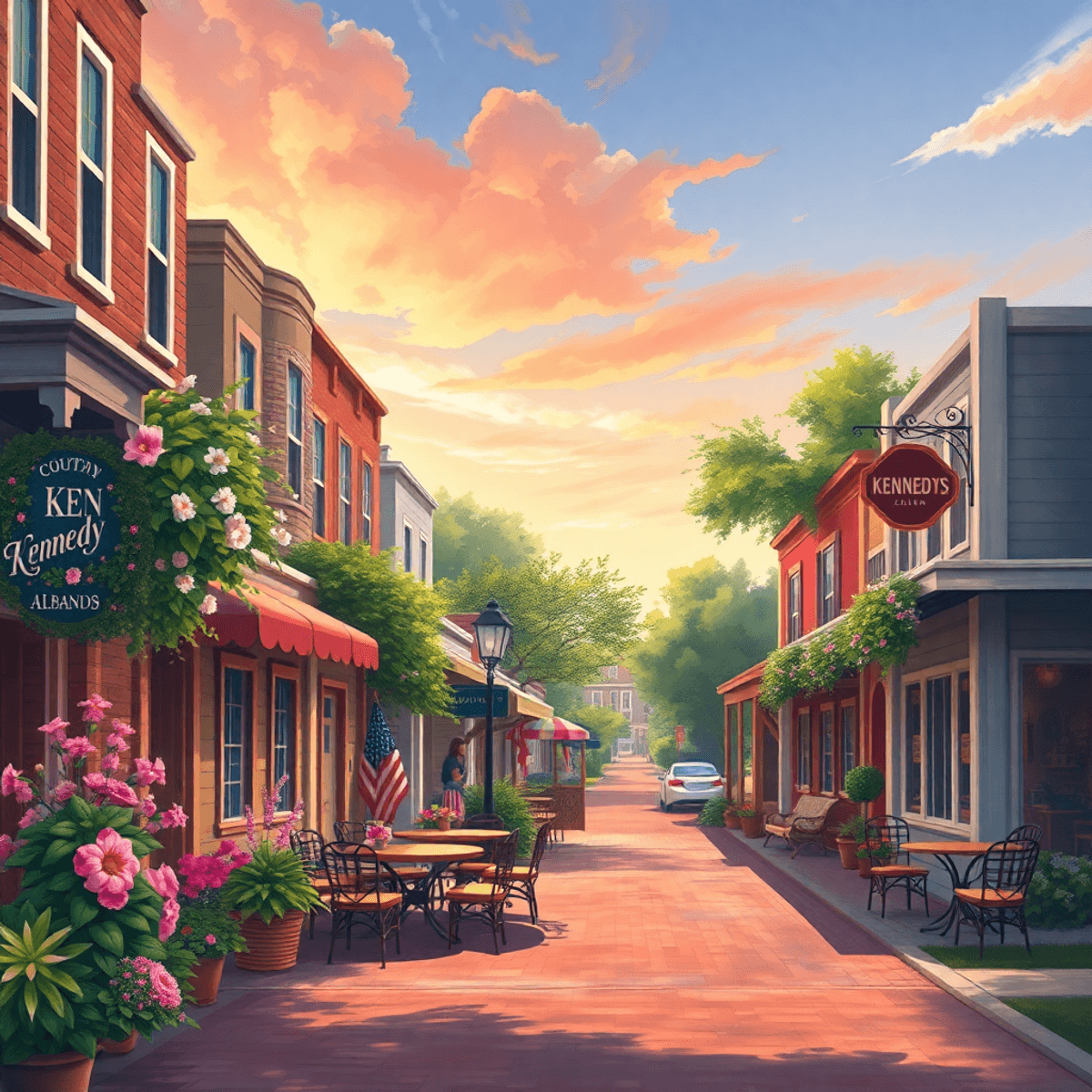 A charming small-town street in Kennedy, Alabama, featuring traditional Southern architecture, blooming flowers, and cozy cafes, evoking community ...