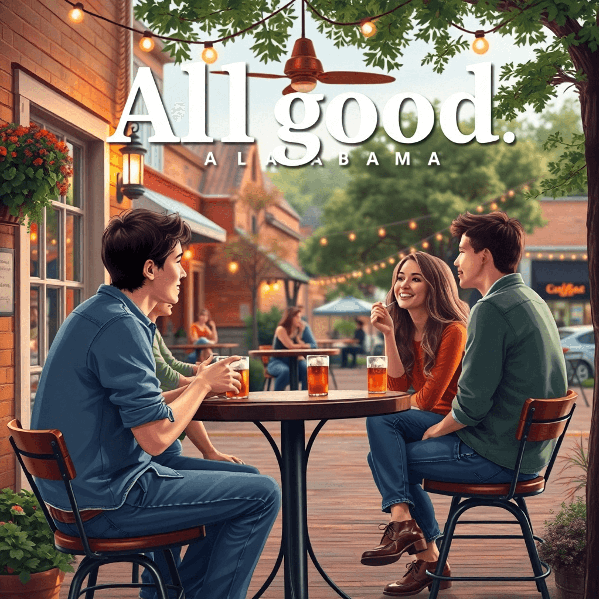 A cozy small-town café scene in Allgood, Alabama, with young singles interacting warmly, capturing a sense of community and romance in an intimate ...