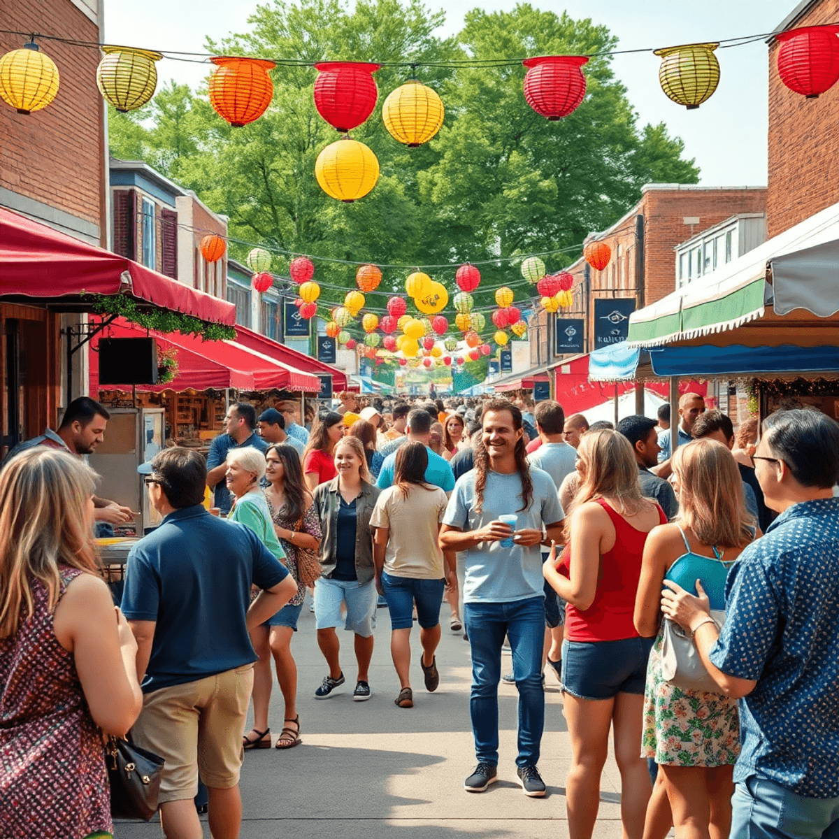 A lively street festival in Rockford, Alabama, showcasing food stalls, musicians, and groups of people mingling and enjoying the colorful decoratio...