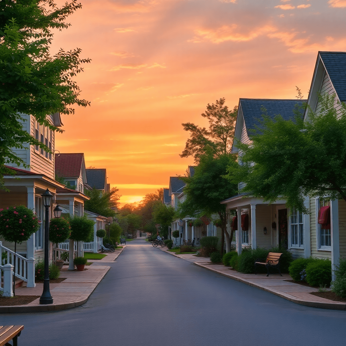 A charming small-town street in Valley Head, Alabama, with quaint houses and lush greenery, bathed in a romantic sunset, featuring a park bench and...