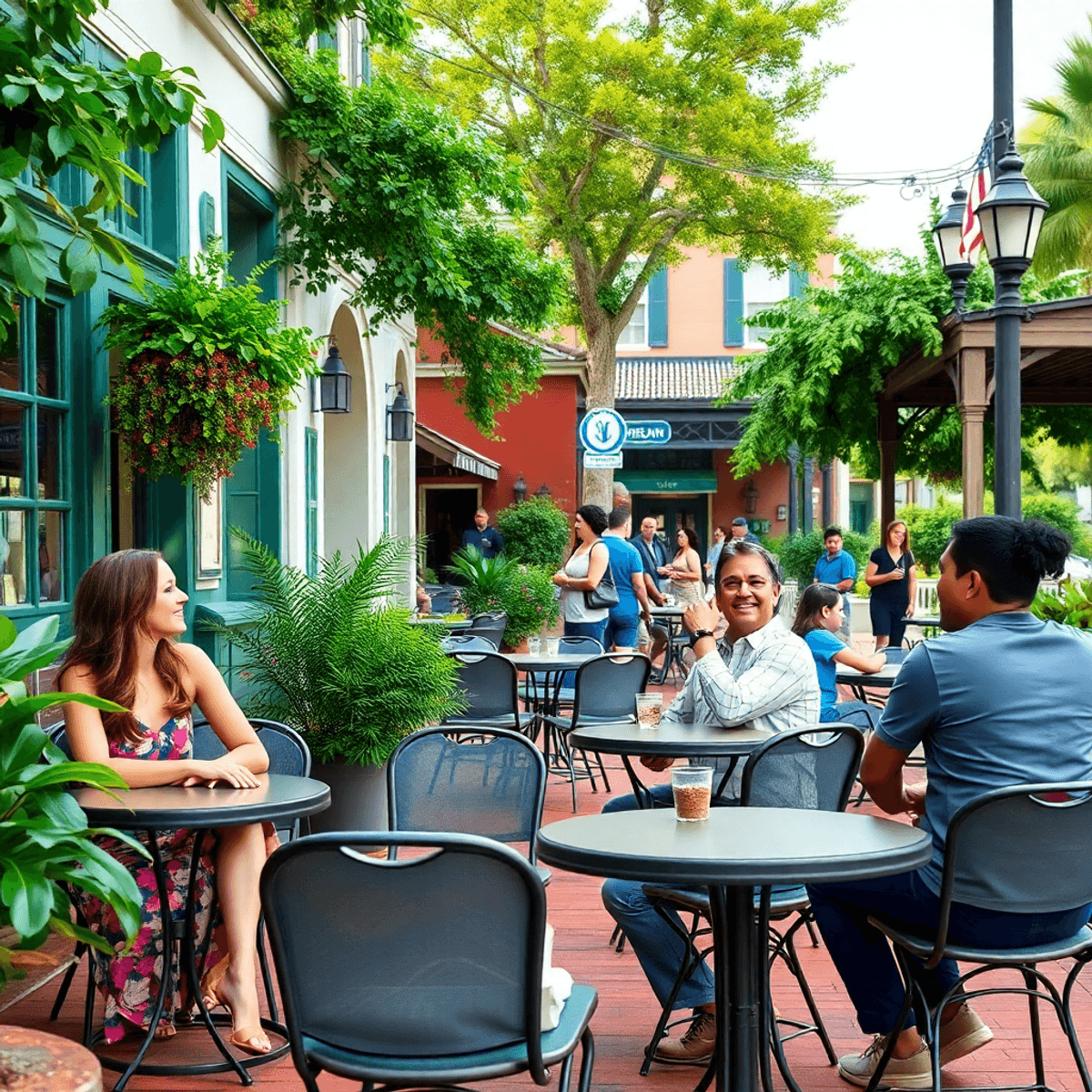 A lively street scene in Leesburg, Alabama, featuring a cozy café with outdoor seating and people enjoying friendly conversations amidst charming S...
