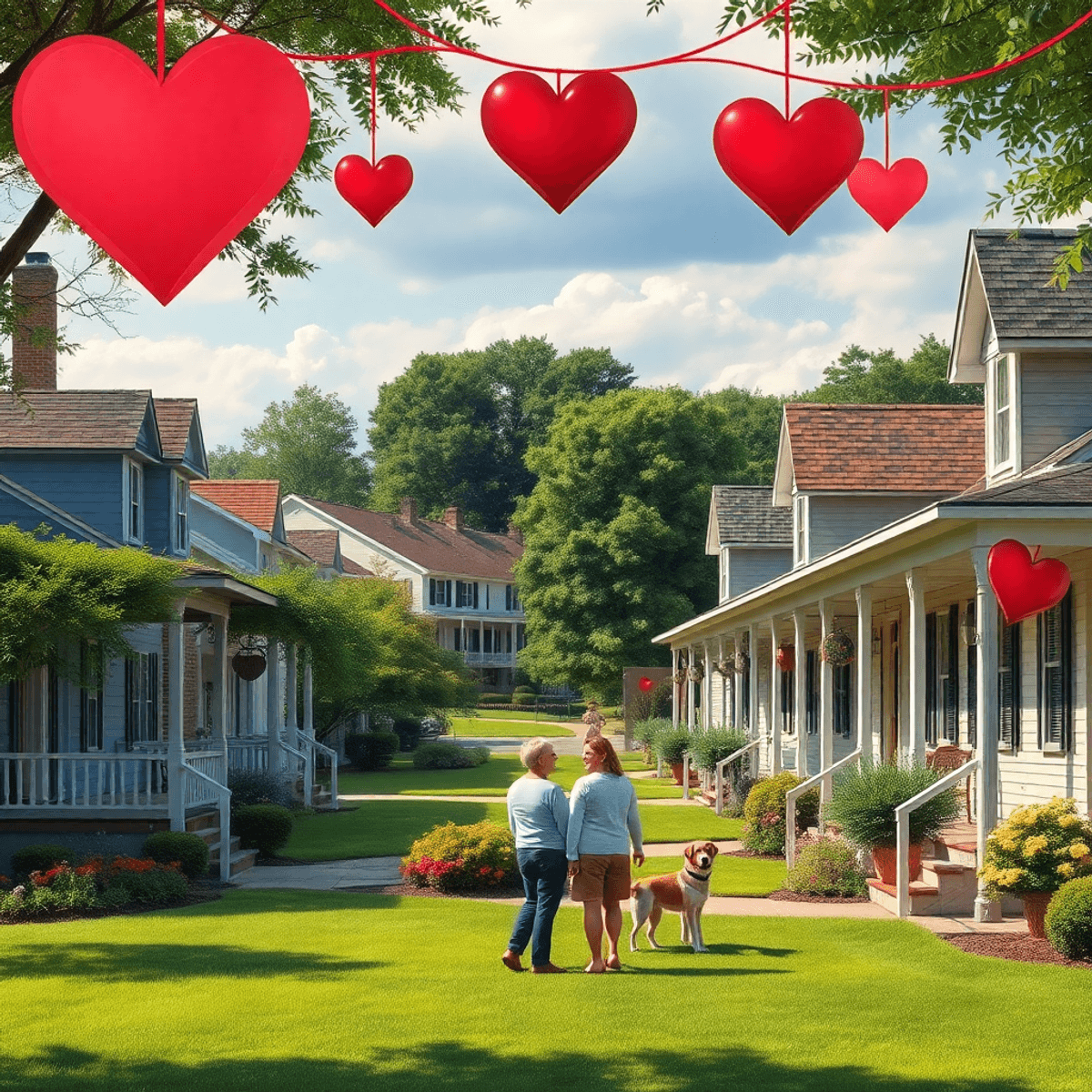 A charming Southern town with quaint houses and lush greenery, featuring heart-shaped decorations and couples enjoying outdoor activities in a roma...