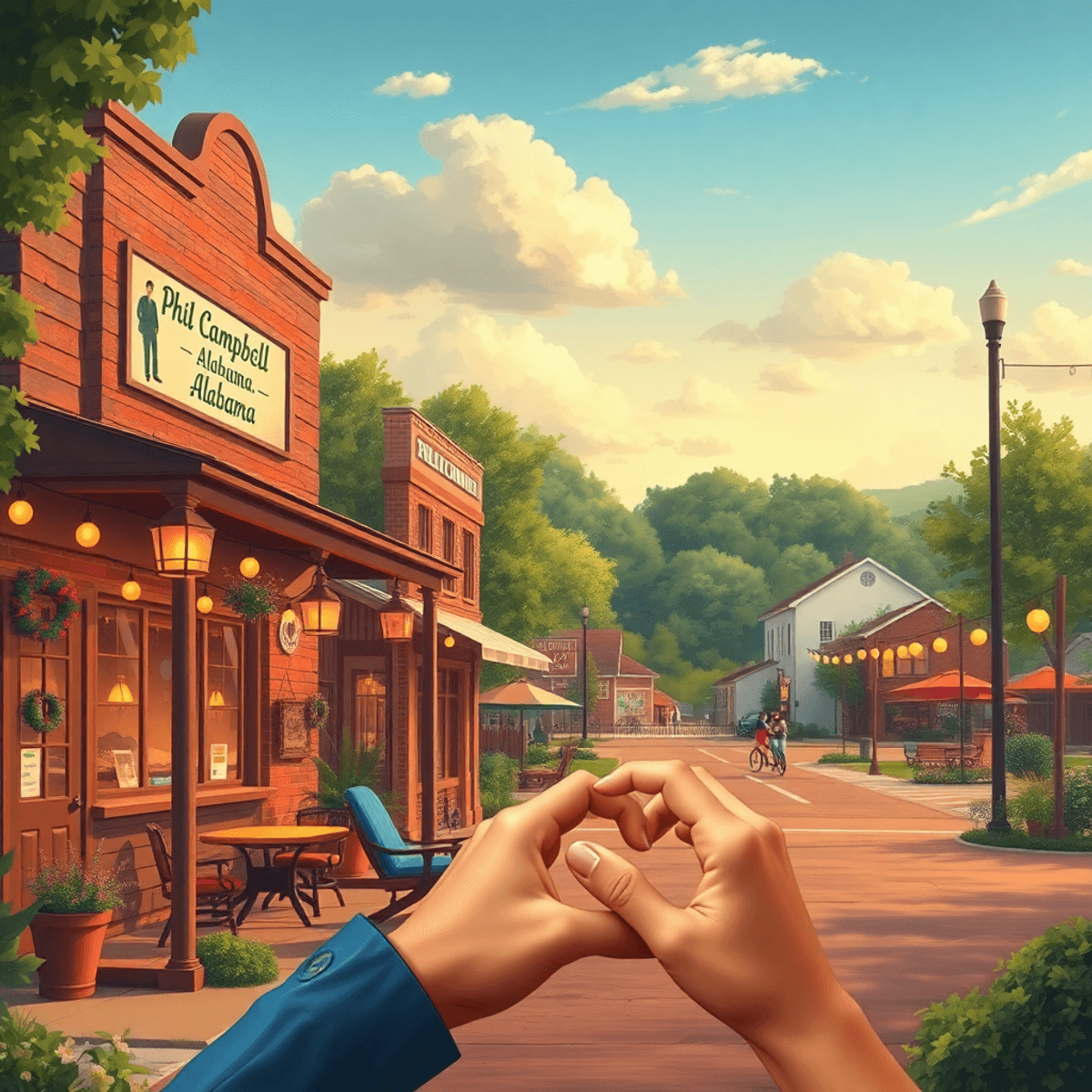 A quaint small-town scene with a cozy café and park, featuring a couple's hands holding, surrounded by nature forming a heart shape, evoking warmth...