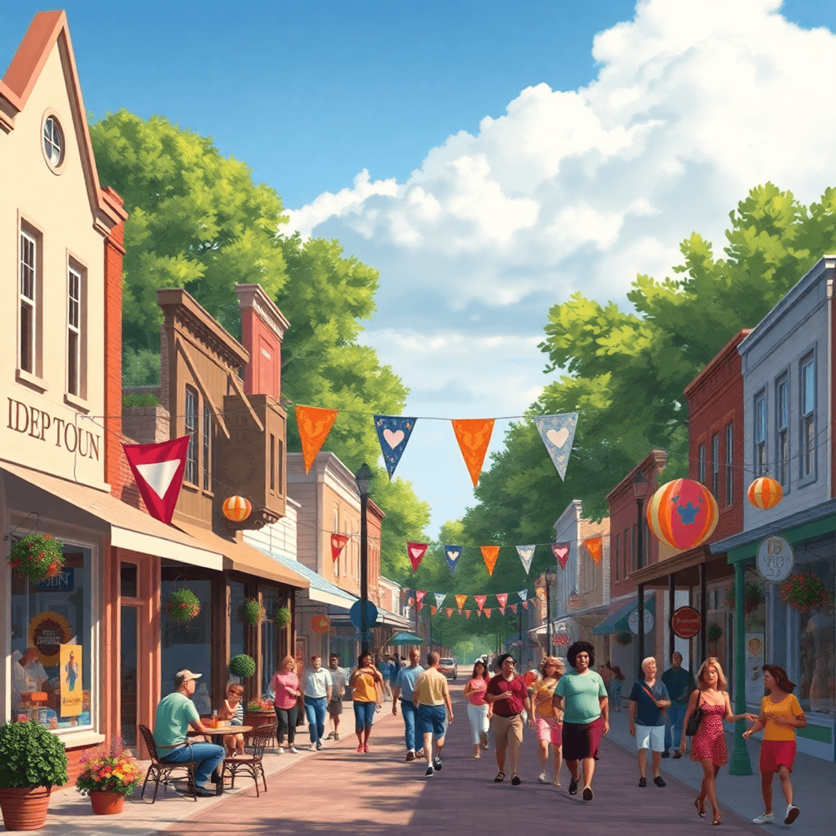 A charming small-town main street in Ider, Alabama, bustling with a vibrant festival, colorful banners, and people enjoying the festivities against...