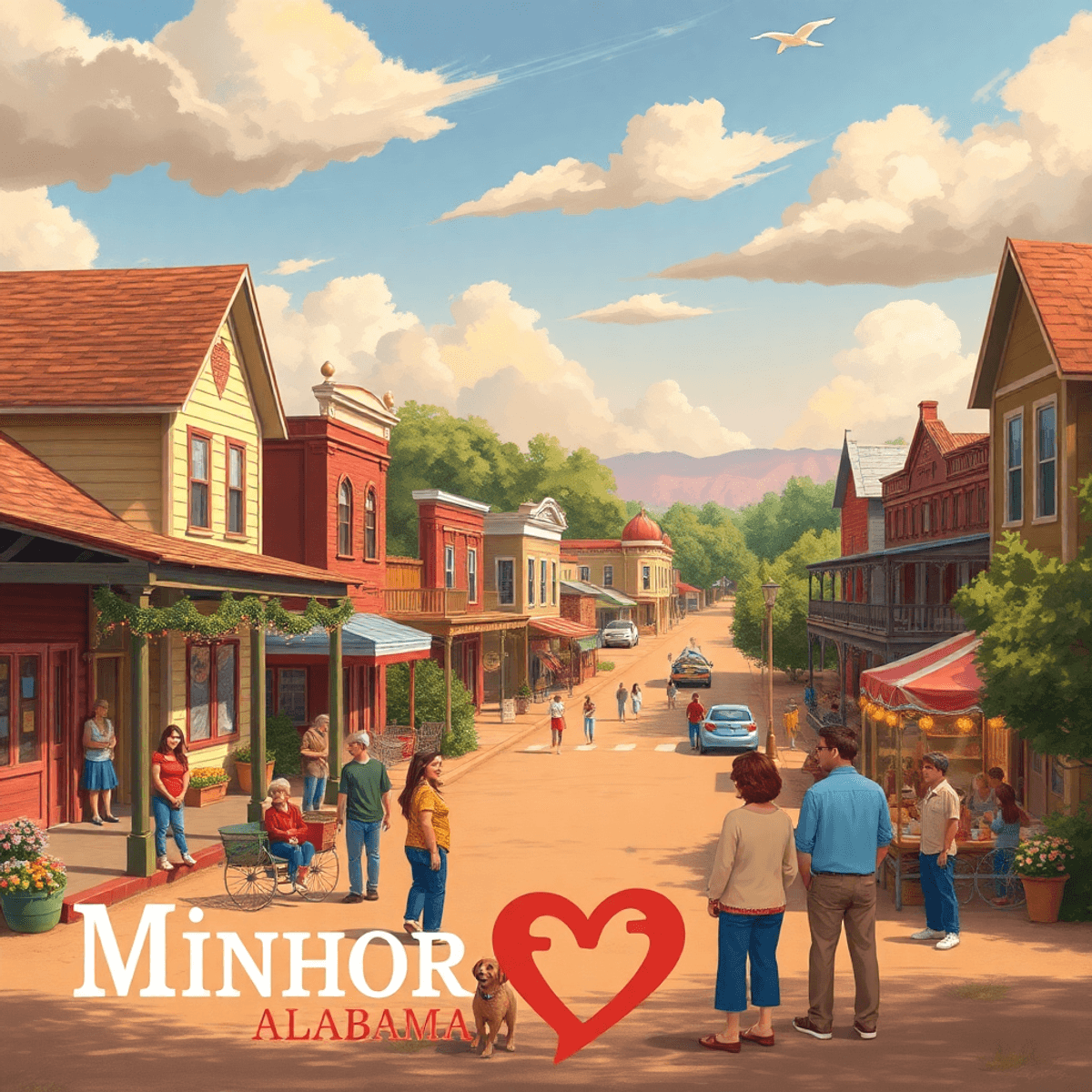 A vibrant small-town fair in Mignon, Alabama, showcasing charming Southern architecture, warm colors, and a community gathered with symbols of conn...