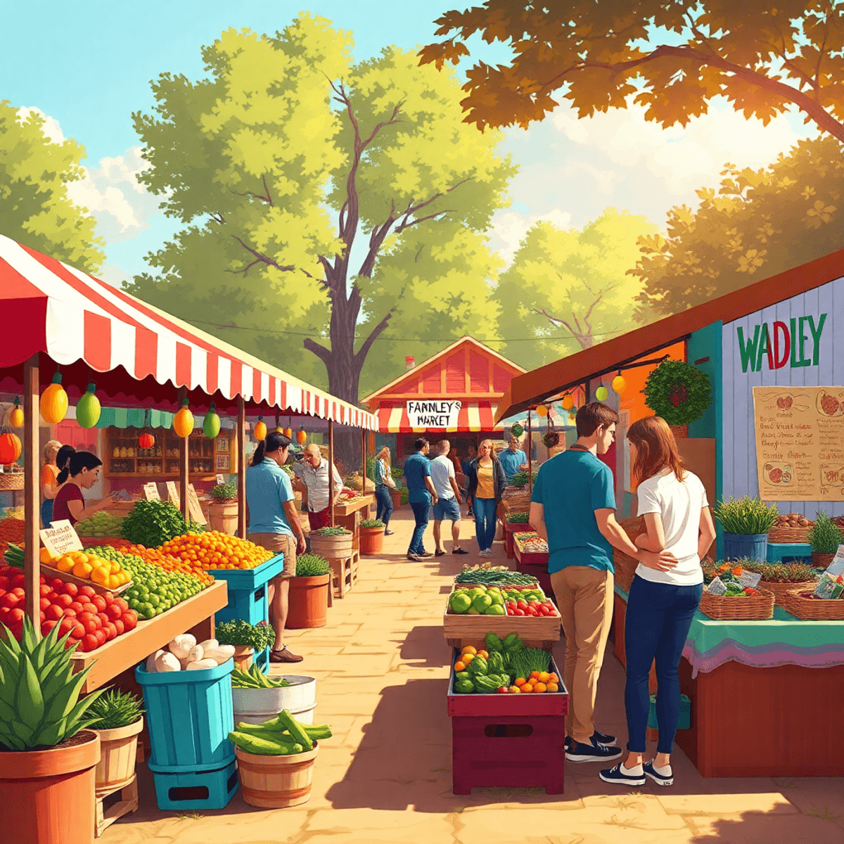 A lively farmers market in a small town, with colorful stalls of fresh produce and crafts, people chatting and enjoying the friendly atmosphere.