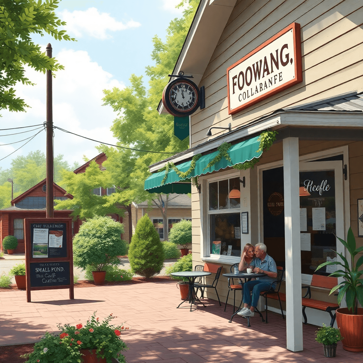 A cozy café with outdoor seating in a small town, surrounded by greenery and Southern-style architecture. A couple enjoys coffee, while flyers on a...
