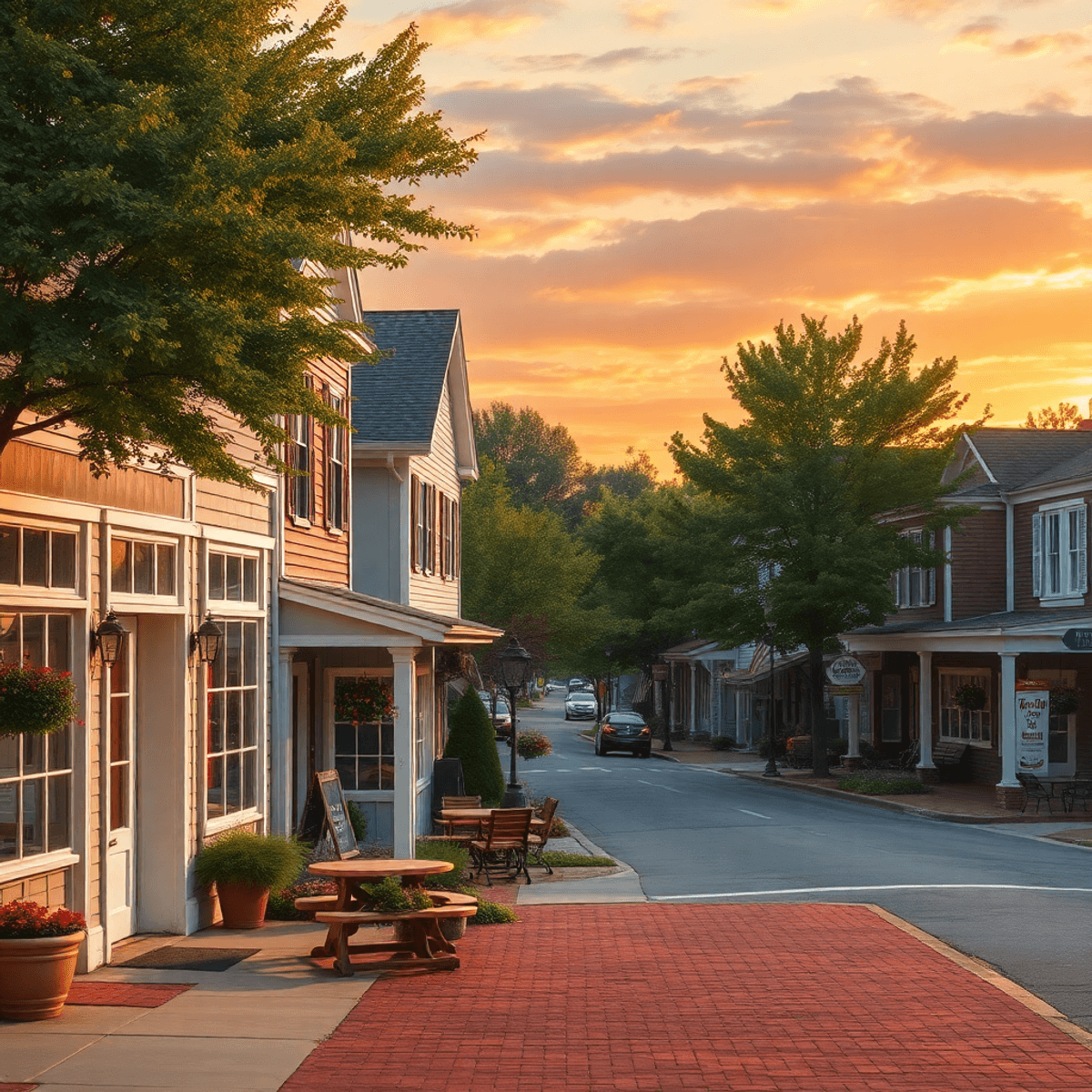 A quaint small-town scene in Littleville, Alabama, showcasing charming streets, local shops, and a cozy café under a warm sunset, evoking a romanti...