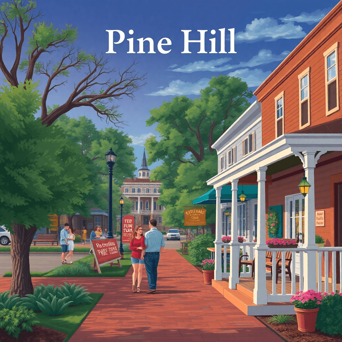 A charming small-town scene in Pine Hill, Alabama, showcasing southern architecture, a welcoming porch, and couples enjoying a community event in a...