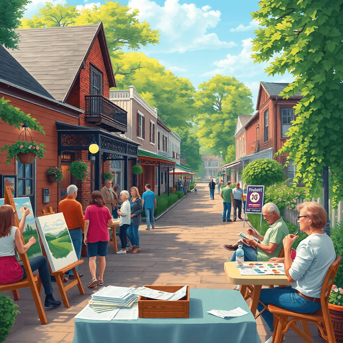 A lively Southern town scene with charming streets, people painting and enjoying trivia nights, surrounded by art supplies and beautiful outdoor se...