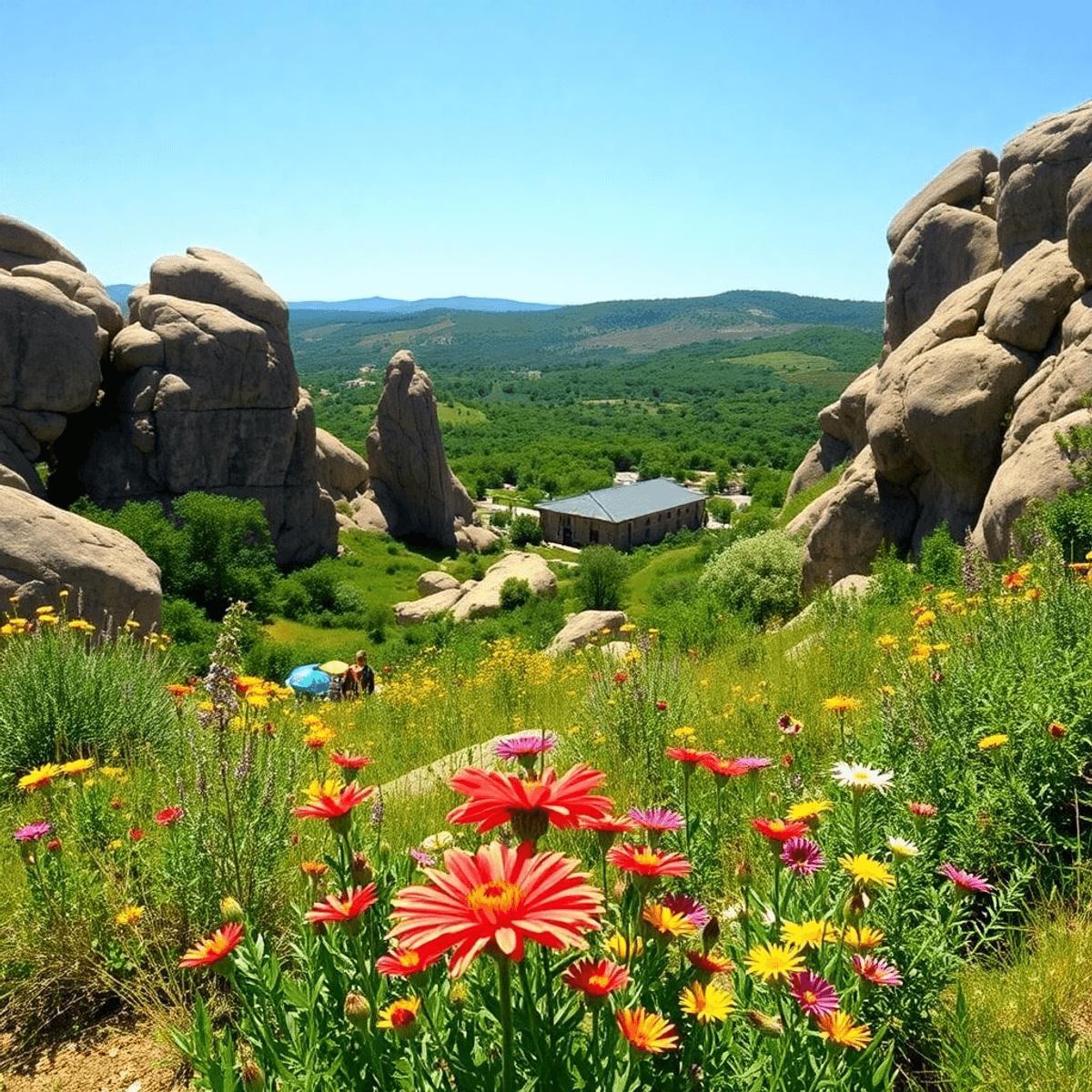 A scenic view of Cherokee Rock Village featuring majestic boulders, vibrant wildflowers, clear blue skies, and rolling hills, inviting exploration ...